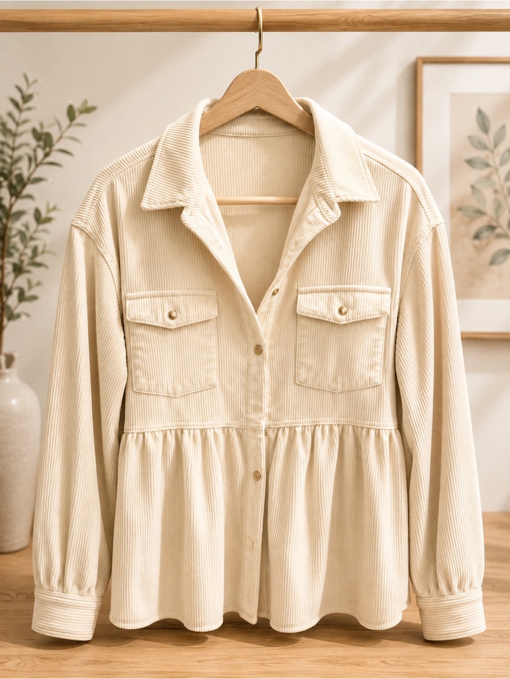 Corduroy Peplum Button-Front Jacket - Cream